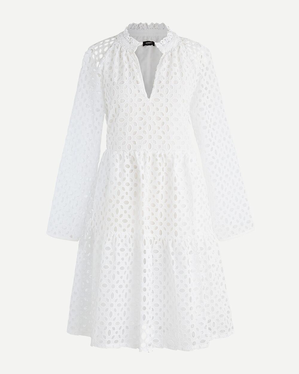 J. Crew Tiered Popover Dress White Eyelet Embroidered Lined Pockets Size M